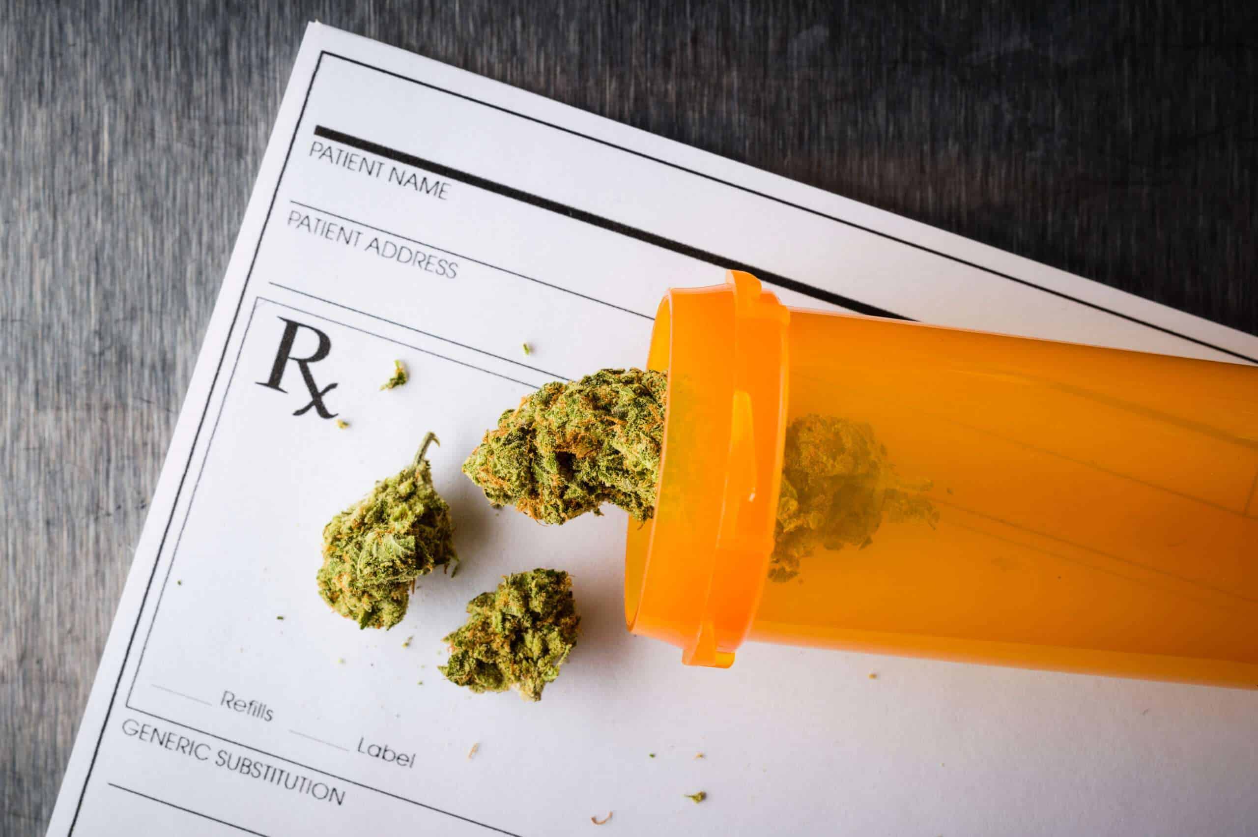 prescription bottle with cannabis buds inside on top of prescription notepad