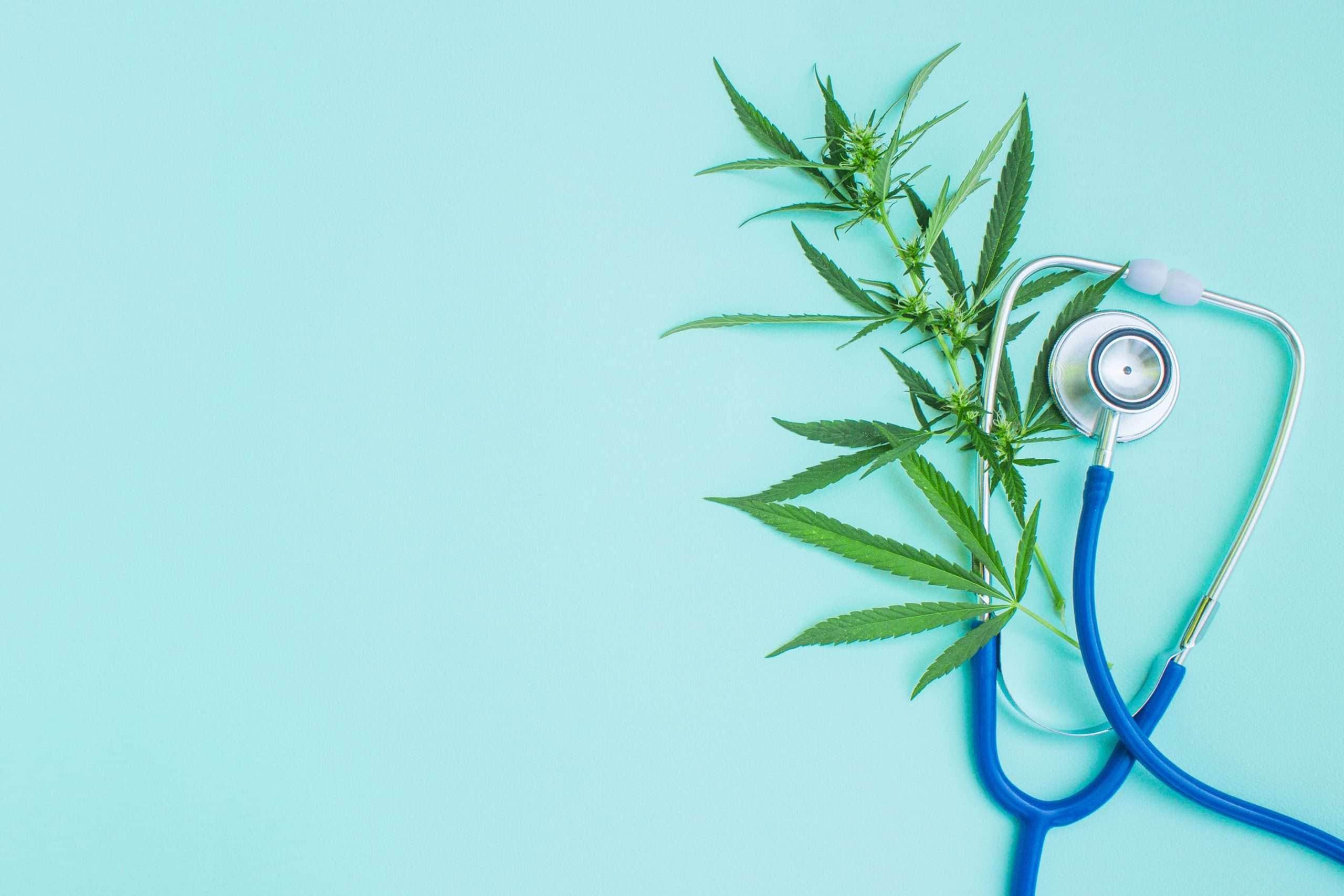 weed leaf next to stethoscope